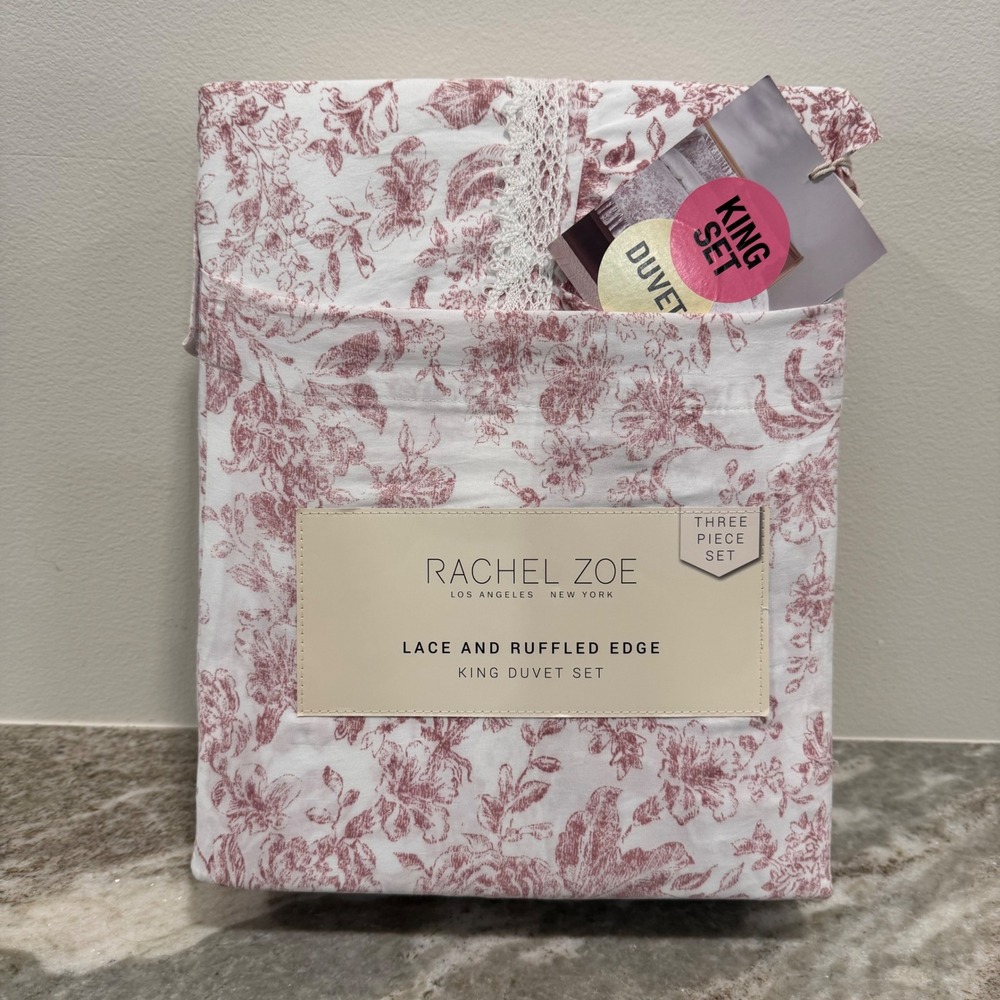 Rachel Zoe King Duvet Set 3pc Lace Ruffled Edge Mauve Floral Toile White NEW